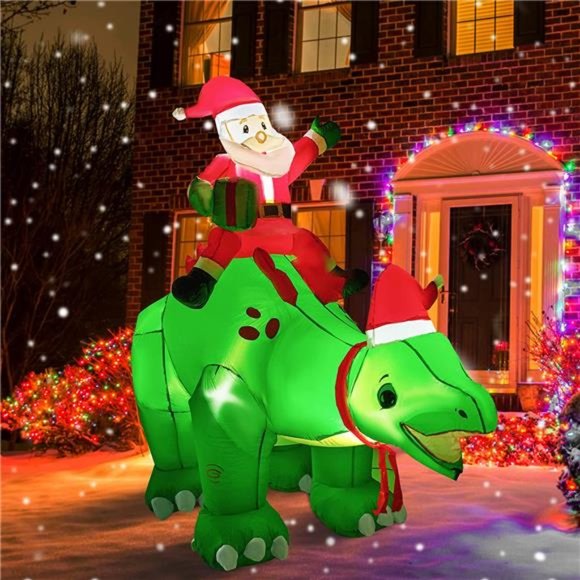 8 FT Christmas Inflatables Outdoor Decorations, Santa Claus Ride Dinosaur - Picture 3 of 8